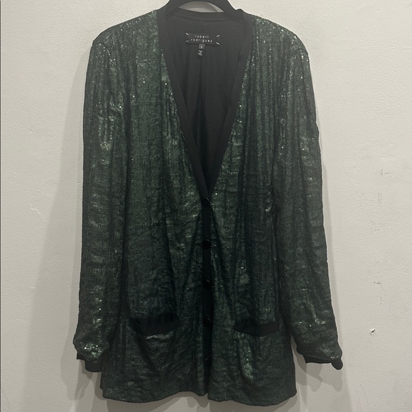 ROBERT RODRIGUEZ forest Green black Sequin Collarless Blazer pockets button sz 8 - Picture 1 of 9